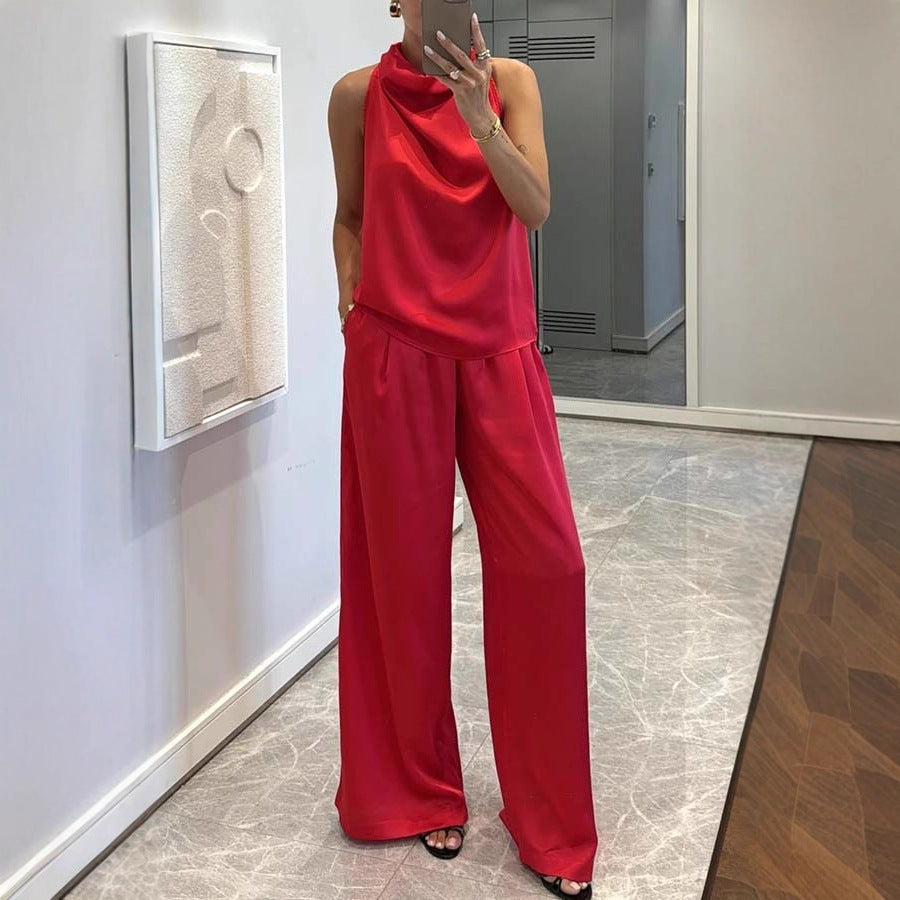 Ensemble deux pièces sans manches en satin avec pantalon ample pour femme