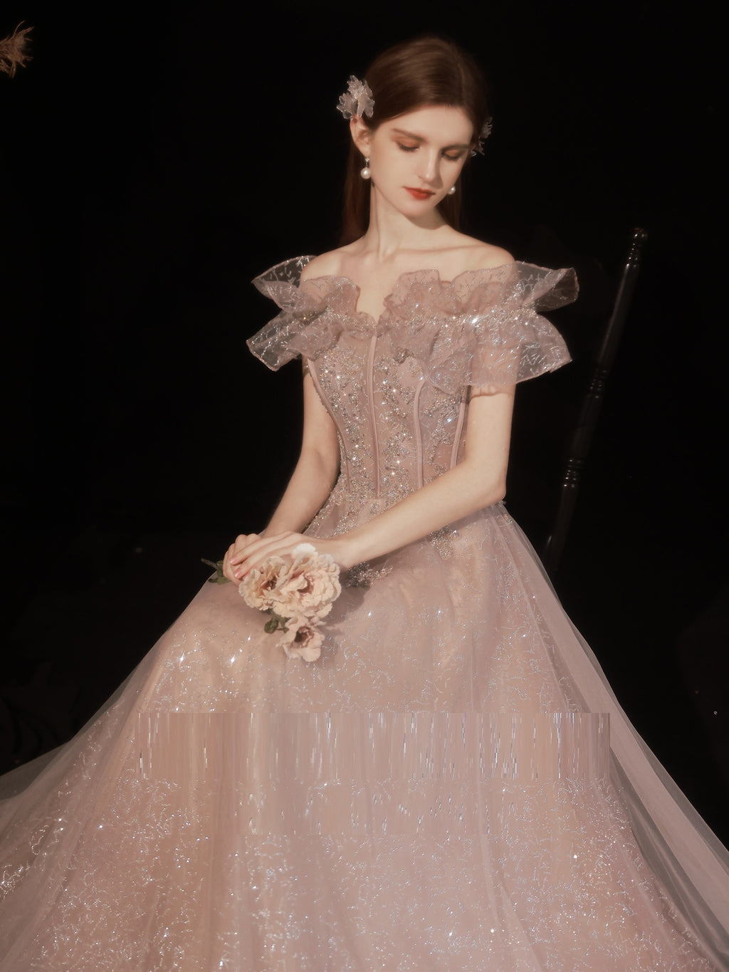 Women's Off Shoulder Pink Dinner Dress with Straps