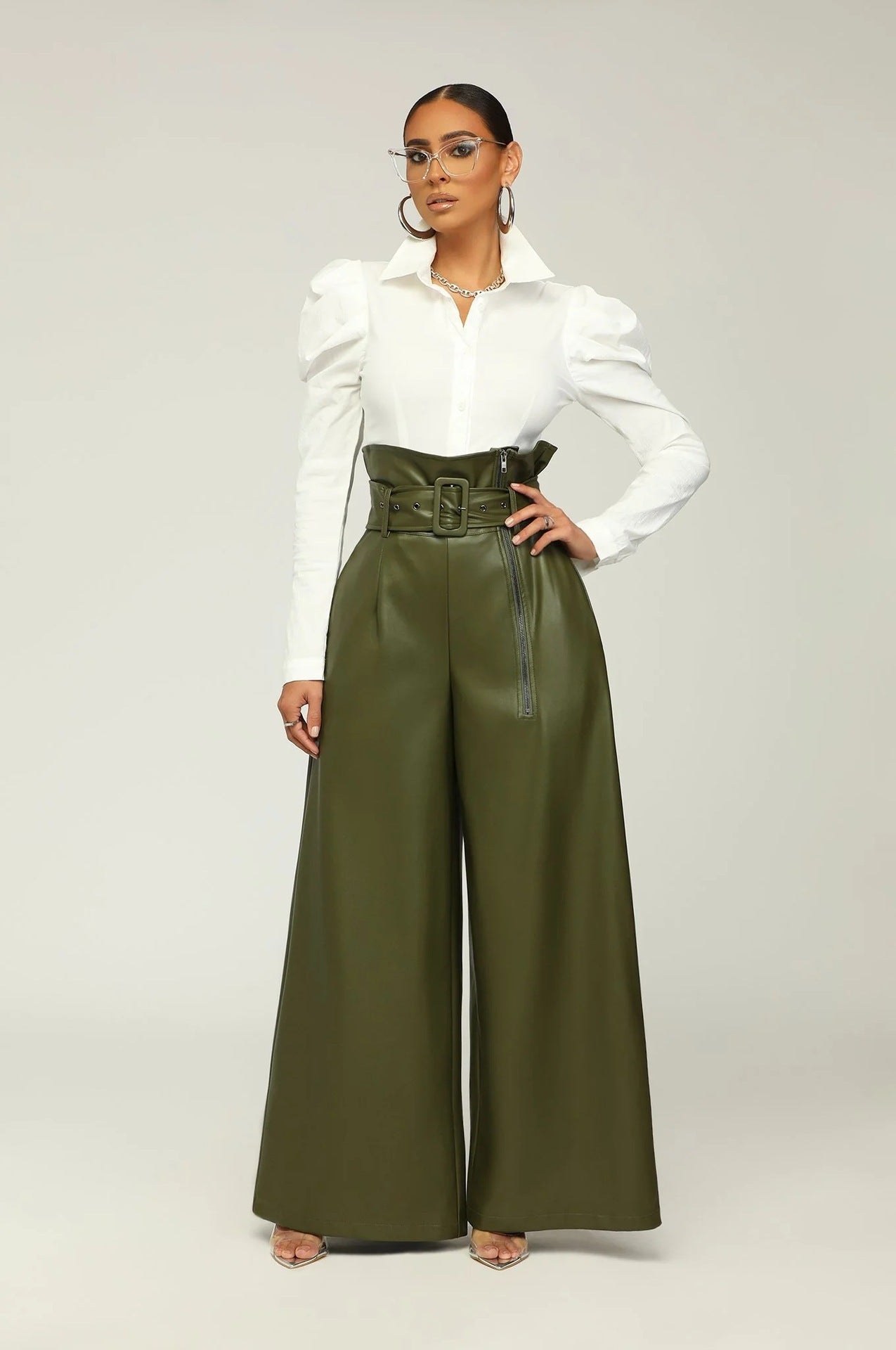 High Waist PU Leather Pants Metal Belt Wide Leg Trousers