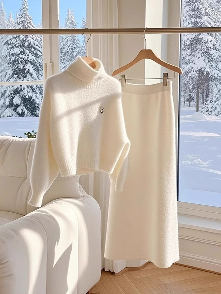 White Temperament Thick Sweater Skirt Suit for Women