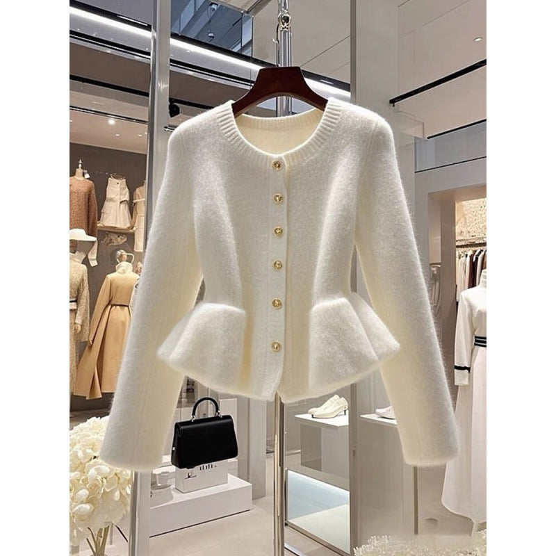 High-Grade White Waist-Tight Sweater Cardigan