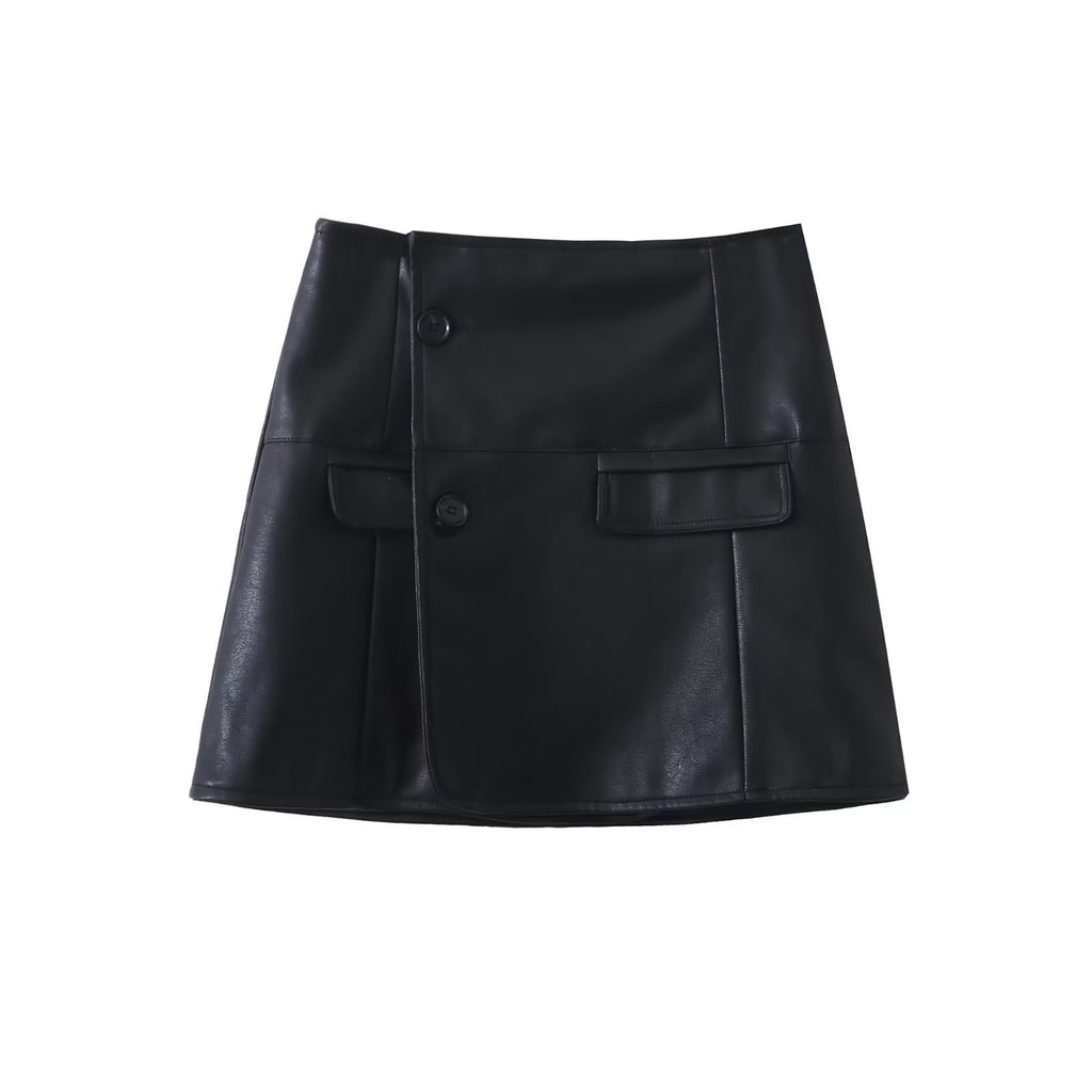 Hot Girl Black Polyester Leather Skirt Suit with Long Sleeve