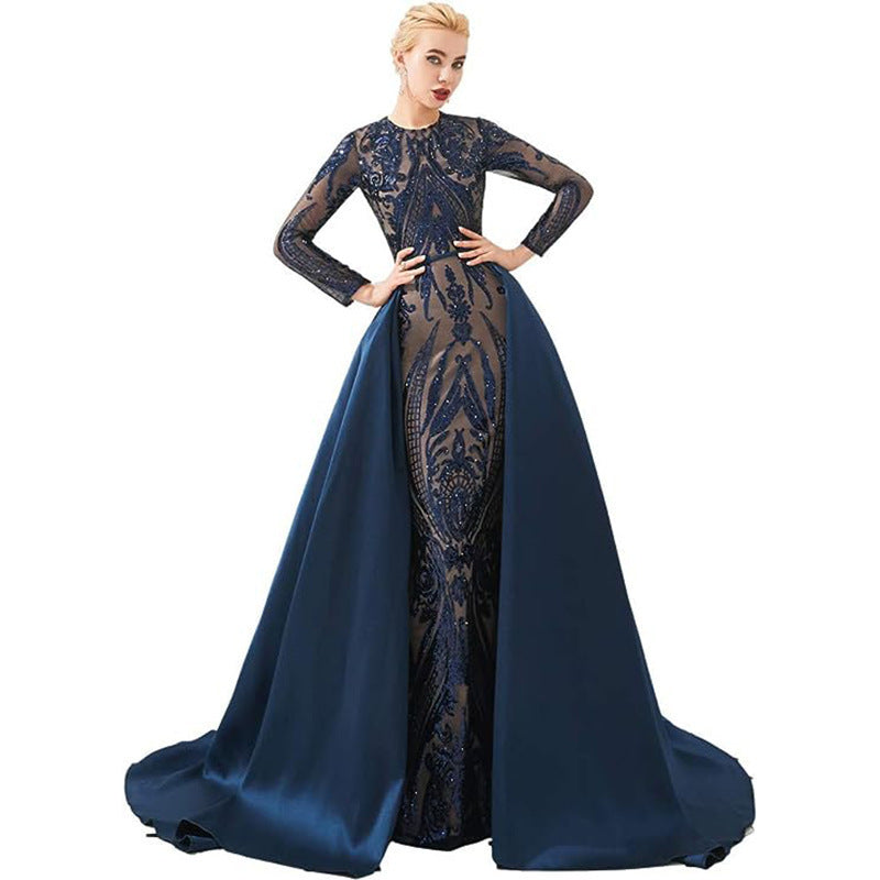 Robe de soirée longue traînante à manches longues pour femmes, disponible en plusieurs couleurs