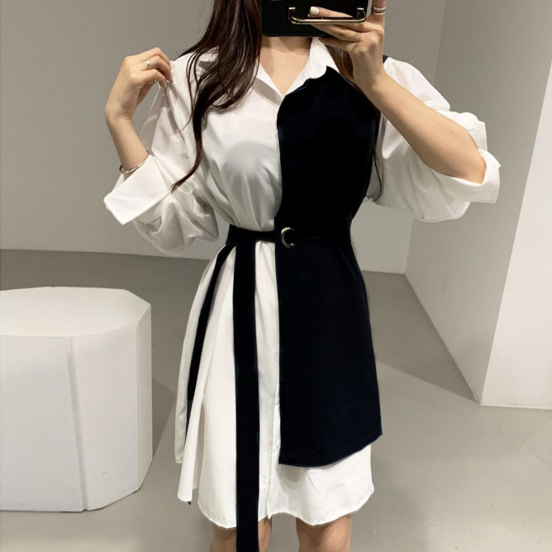 Robe Chemise Midi à Col Polo avec Nœud à la Taille et Revers pour Femme