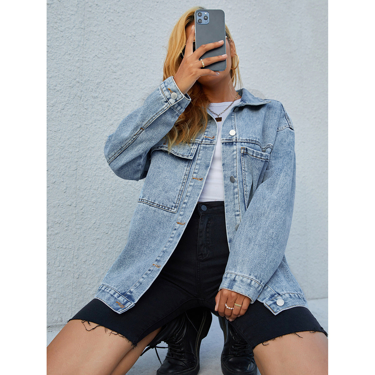 Veste longue en jean bleu slim pour femme