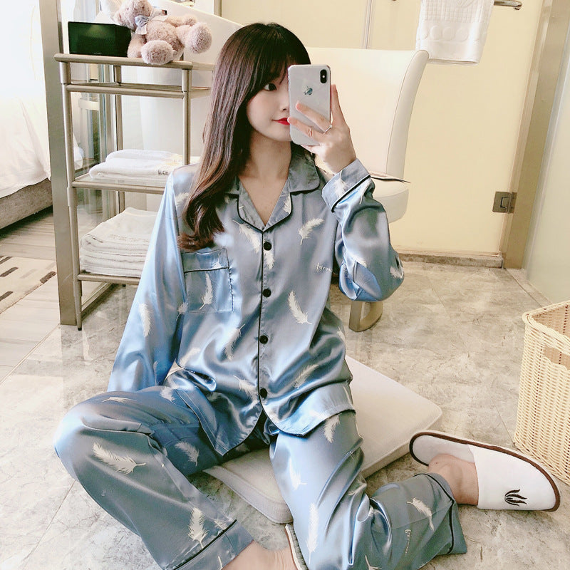 Women’s Sweet Luxury 5050 Artificial Silk Lapel Long Sleeve Pajama Set with Trousers