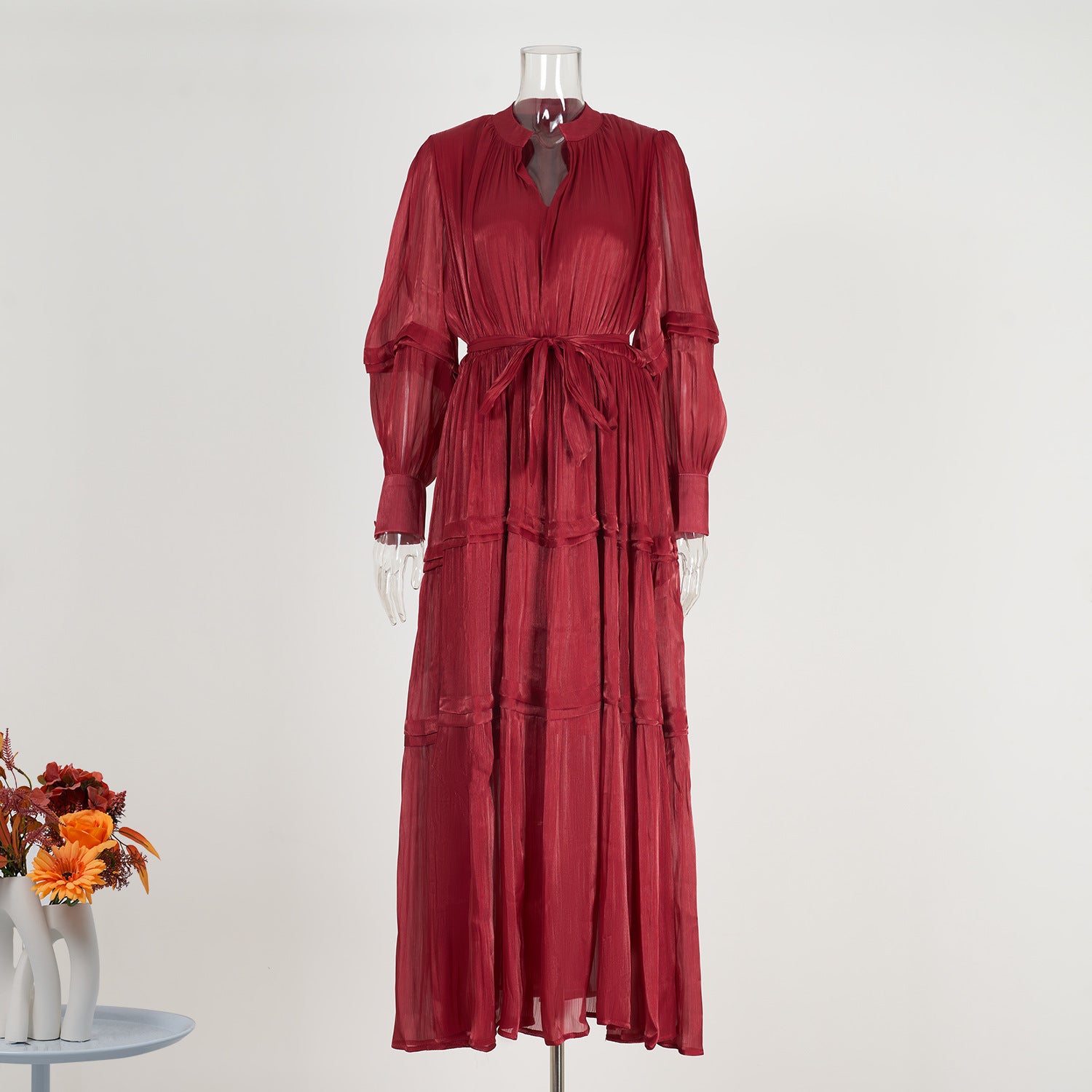 V-Neck Lantern Sleeve High Waist Pleated Long Dress