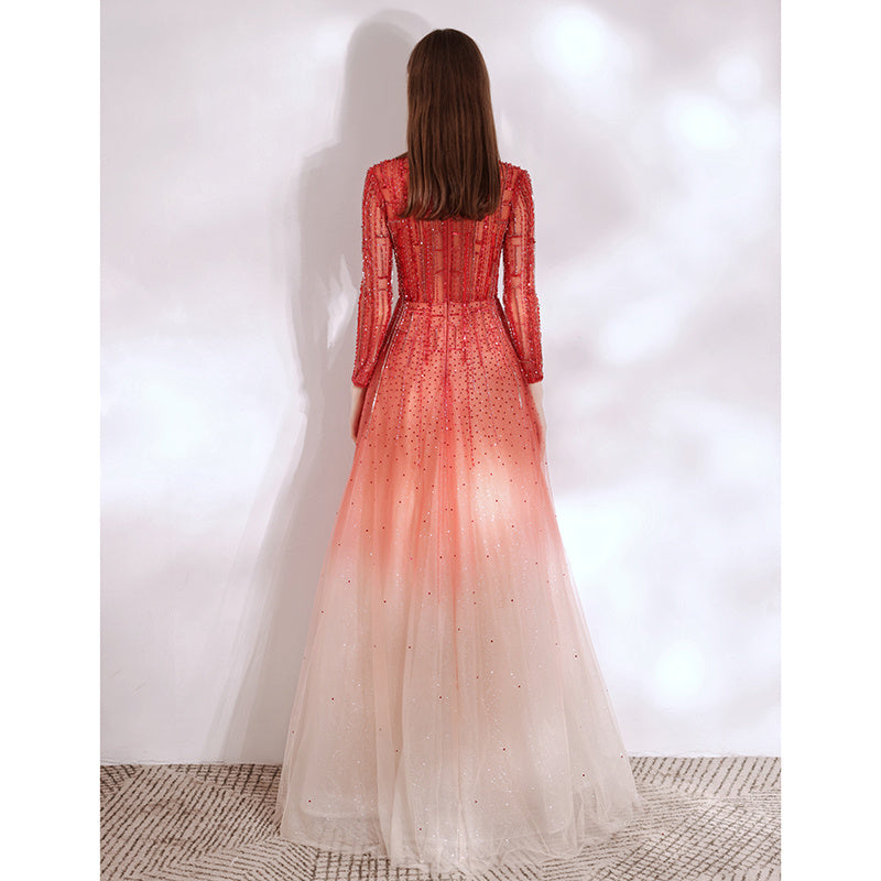 Robe de soirée longue à manches longues dégradé rouge pour femme