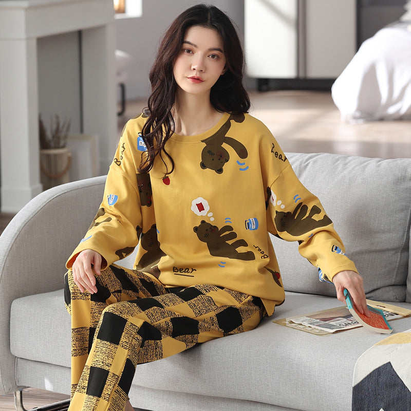 Ensemble de pyjama en coton mélangé imprimé ample pour femme - Haut à manches longues et pantalon - Vêtements de nuit et de détente pour automne et hiver