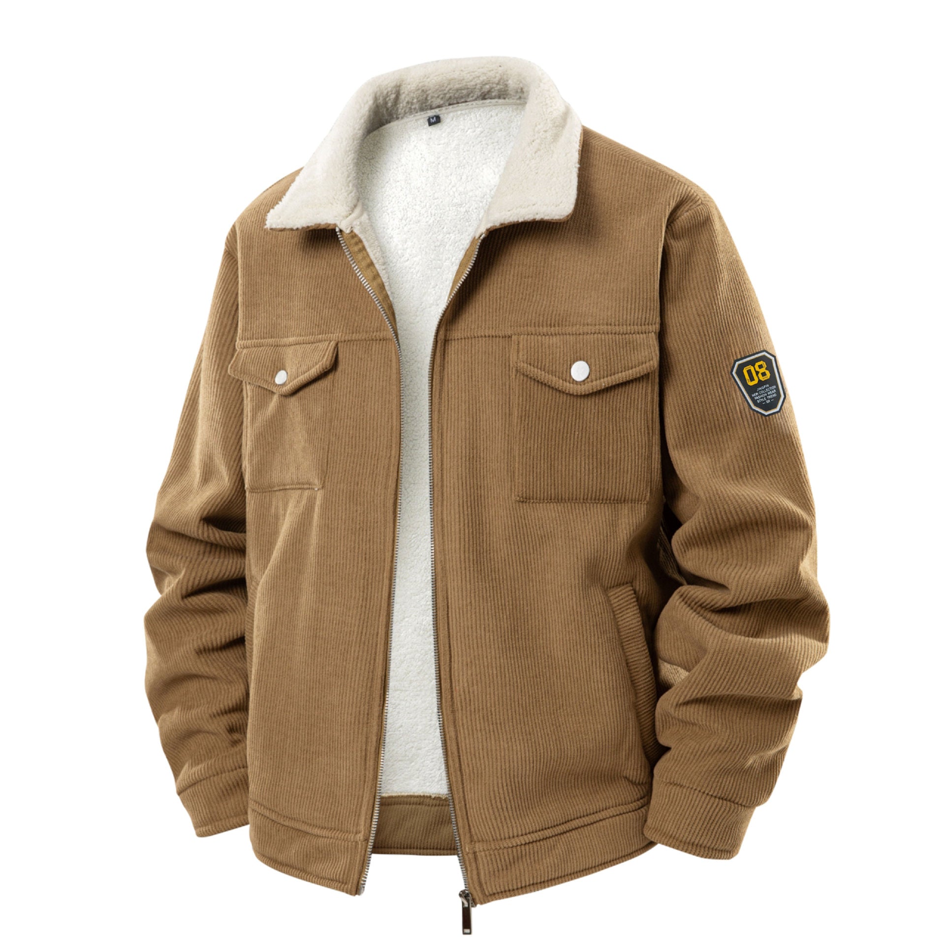 Manteau homme en velours côtelé épais doublé polaire avec revers en agneau, noir, café, kaki