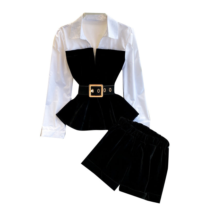 Pantalon deux pièces en velours à jambes larges et surpiqûres contrastées