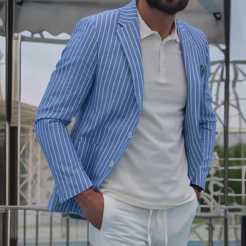 Veste de costume décontractée ample rayée et fine en coton et lin pour homme