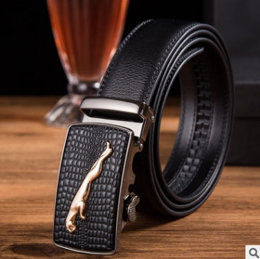 Men's Leather Automatic Buckle Belt 3.55CM Wide with Gold Buckle Head