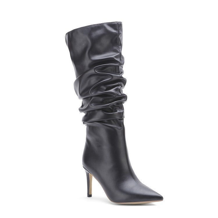 Pleated Mid Boot Pointed Toe High Slim Heel Rubber Sole PU