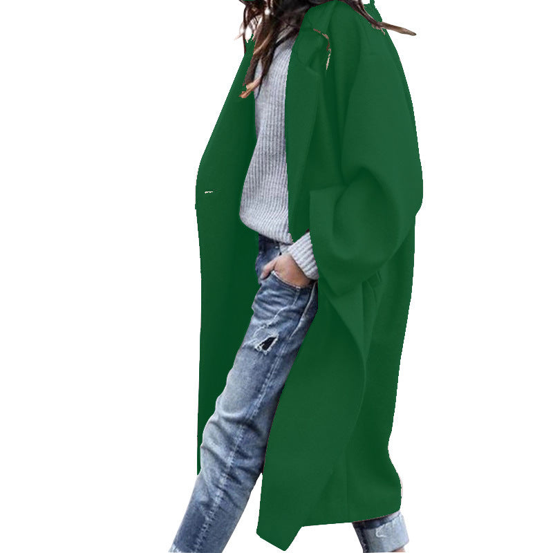 Women’s Casual Long Woolen Jacket With Pockets Solid Color Single Breasted Lapel Winter Coat