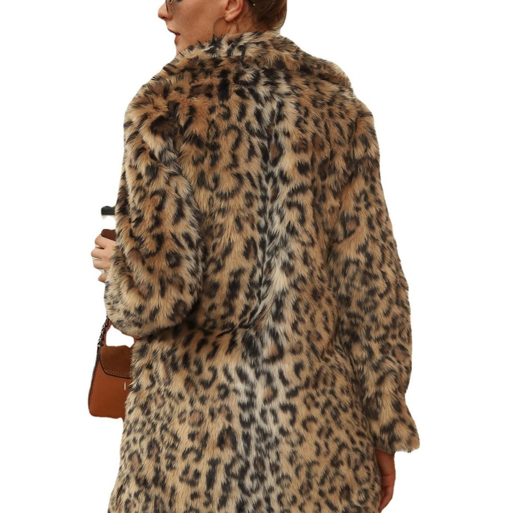 Manteau mi-long en fausse fourrure à imprimé léopard avec col tailleur et manches longues pour femme