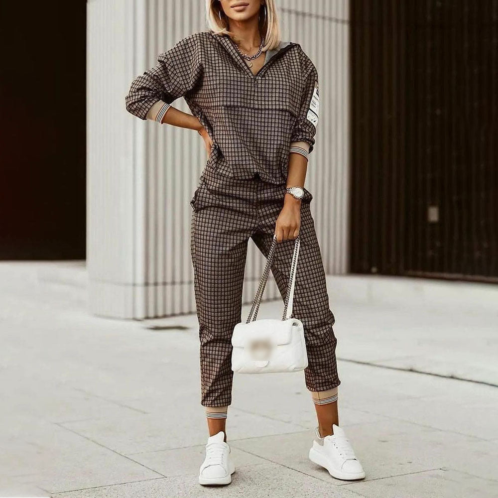 Ensemble pantalon et haut à manches longues imprimé pour femme en fibre de polyester