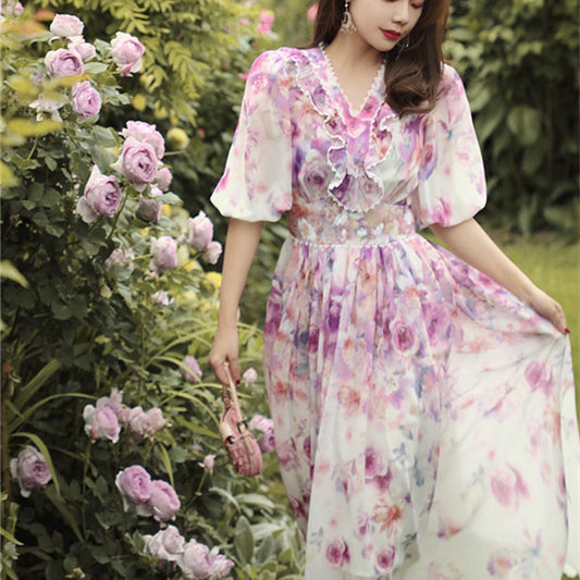 French Heavy Industry Bead Printing Waist V Neck Dress Women's Summer