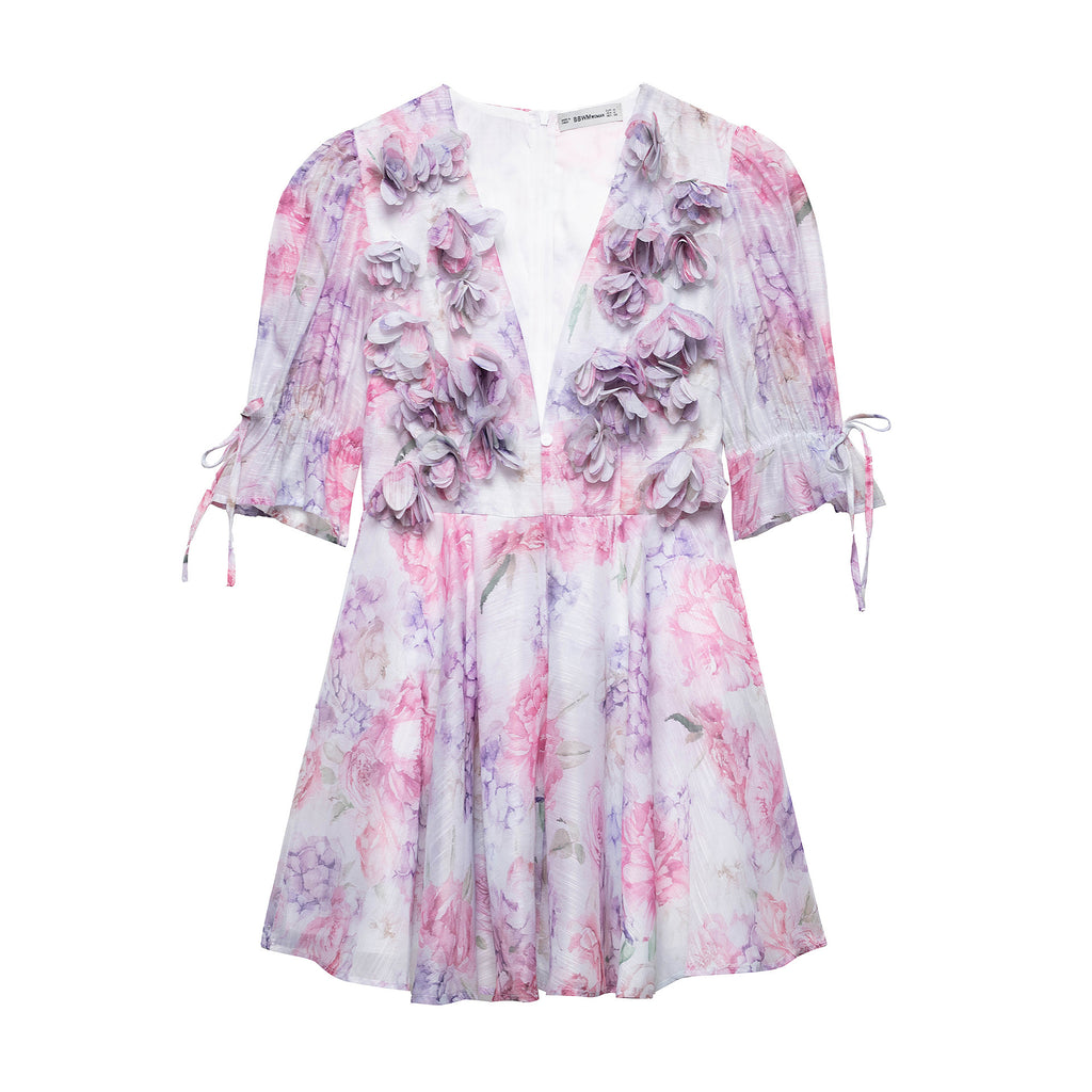 Summer Sexy V-Neck Puff Sleeve Floral Waist-Tight Dress