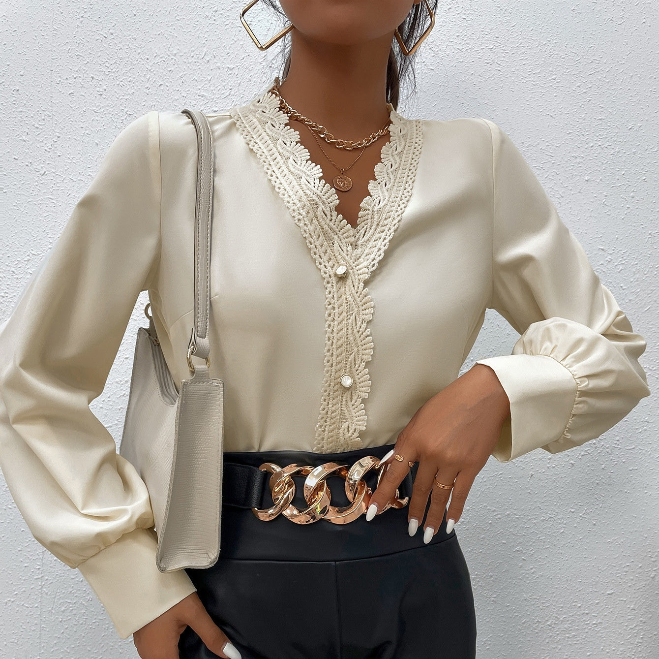 Elegant Apricot Eyelash Lace V-Neck Shirt for Women, Long Sleeve, Polyester, S-XL