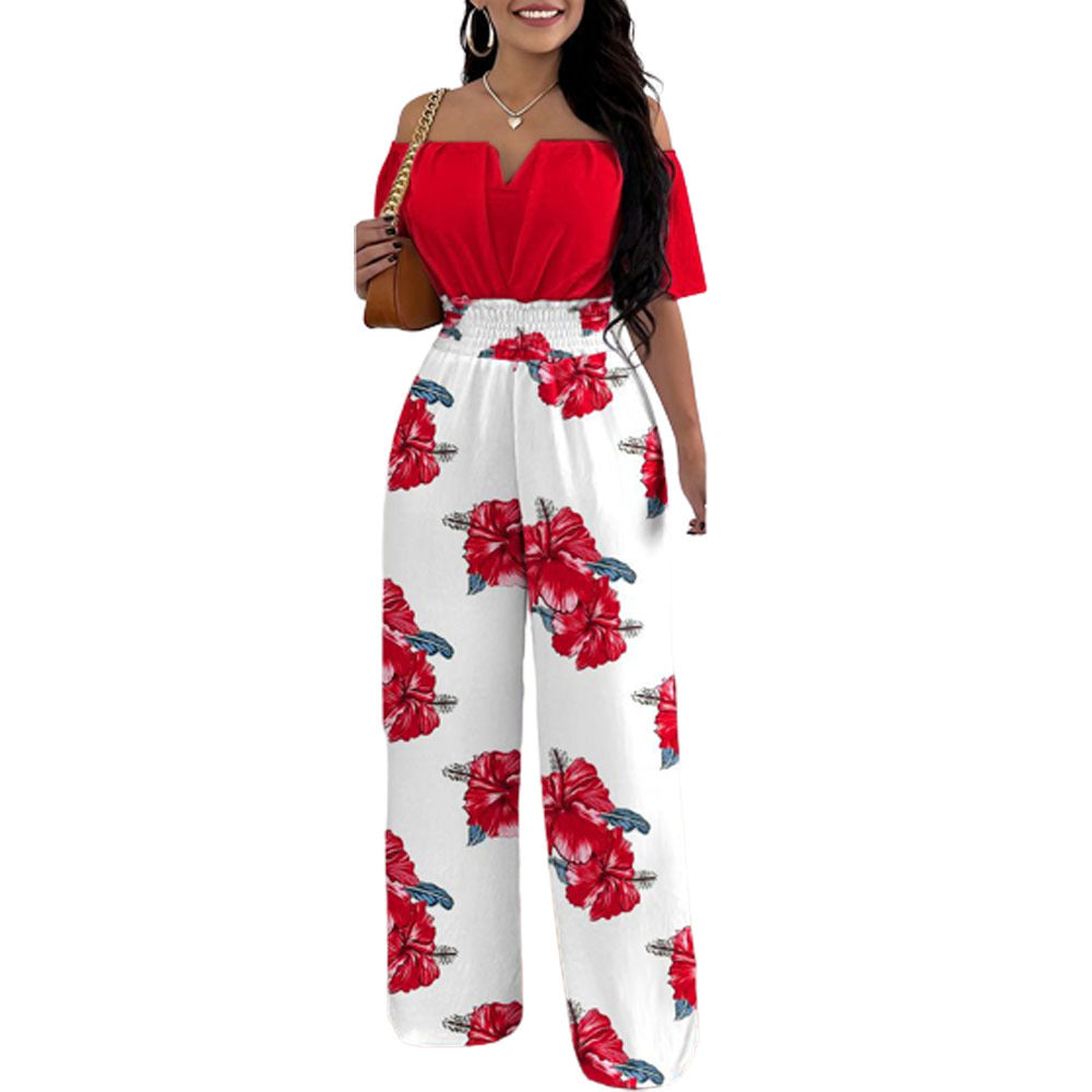Women's Off-Neck Waist-Trimmed Loose Straight Jumpsuit