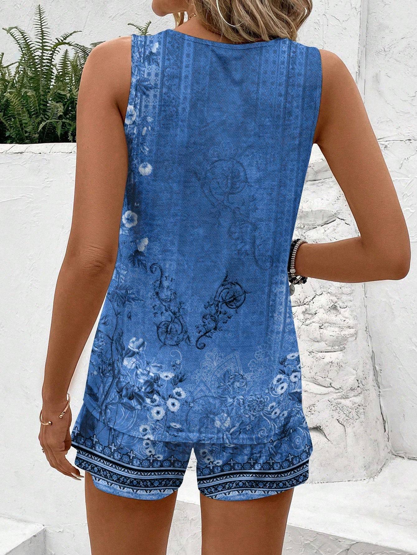 Neck Sleeveless Top With All-Over Print Drawstring Waist And Pocket