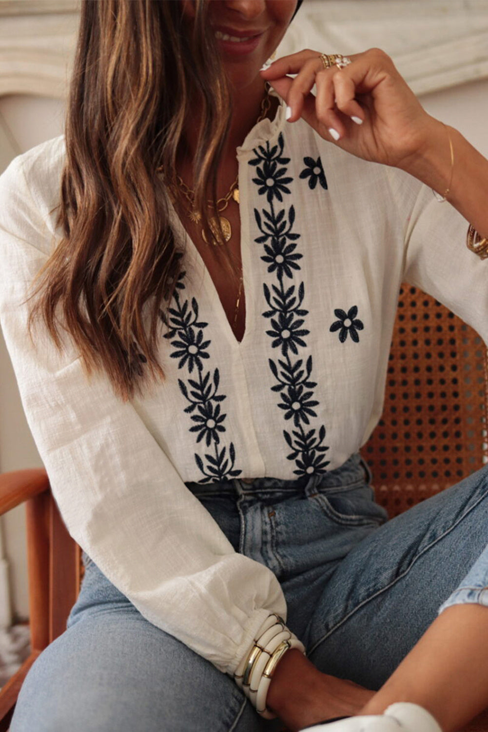 White Floral Embroidered V Neck Puff Sleeve Frilled Blouse