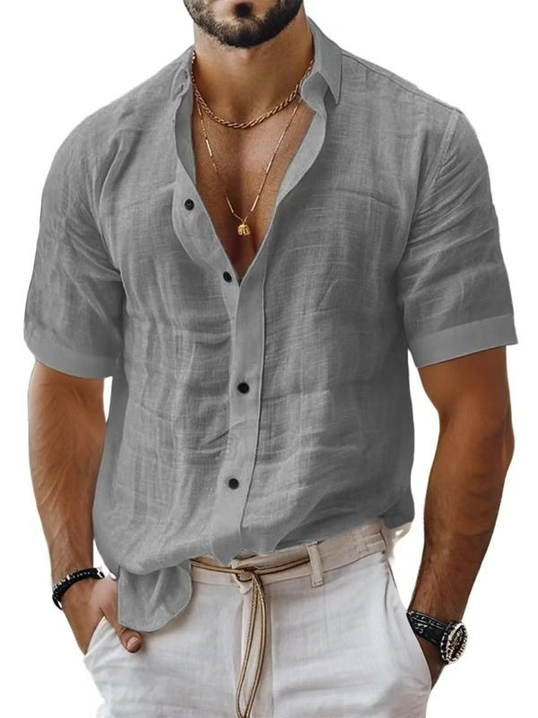 Men's Short Sleeve Cotton Linen Lapel Shirt