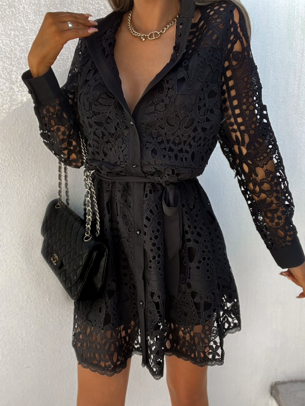 Solid Cutout Lace Single Breasted Long Sleeve Dress