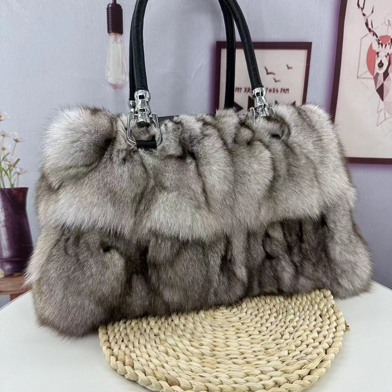 Silver Fox Fur Portable Shoulder Messenger Bag 30cm