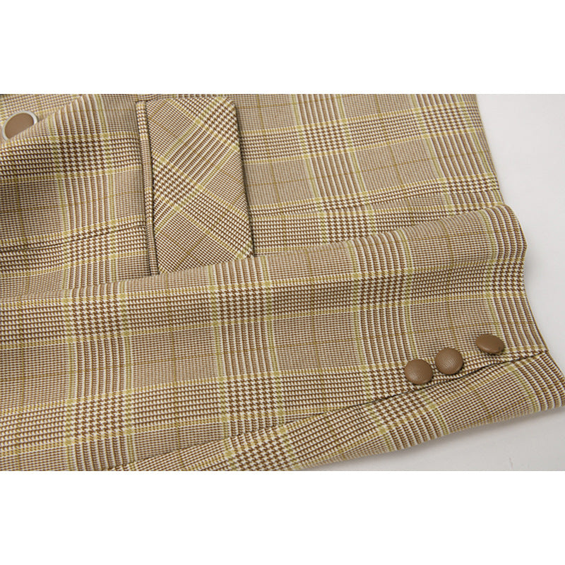 Women's Plaid Double-Breasted Blazer Polyester Fiber