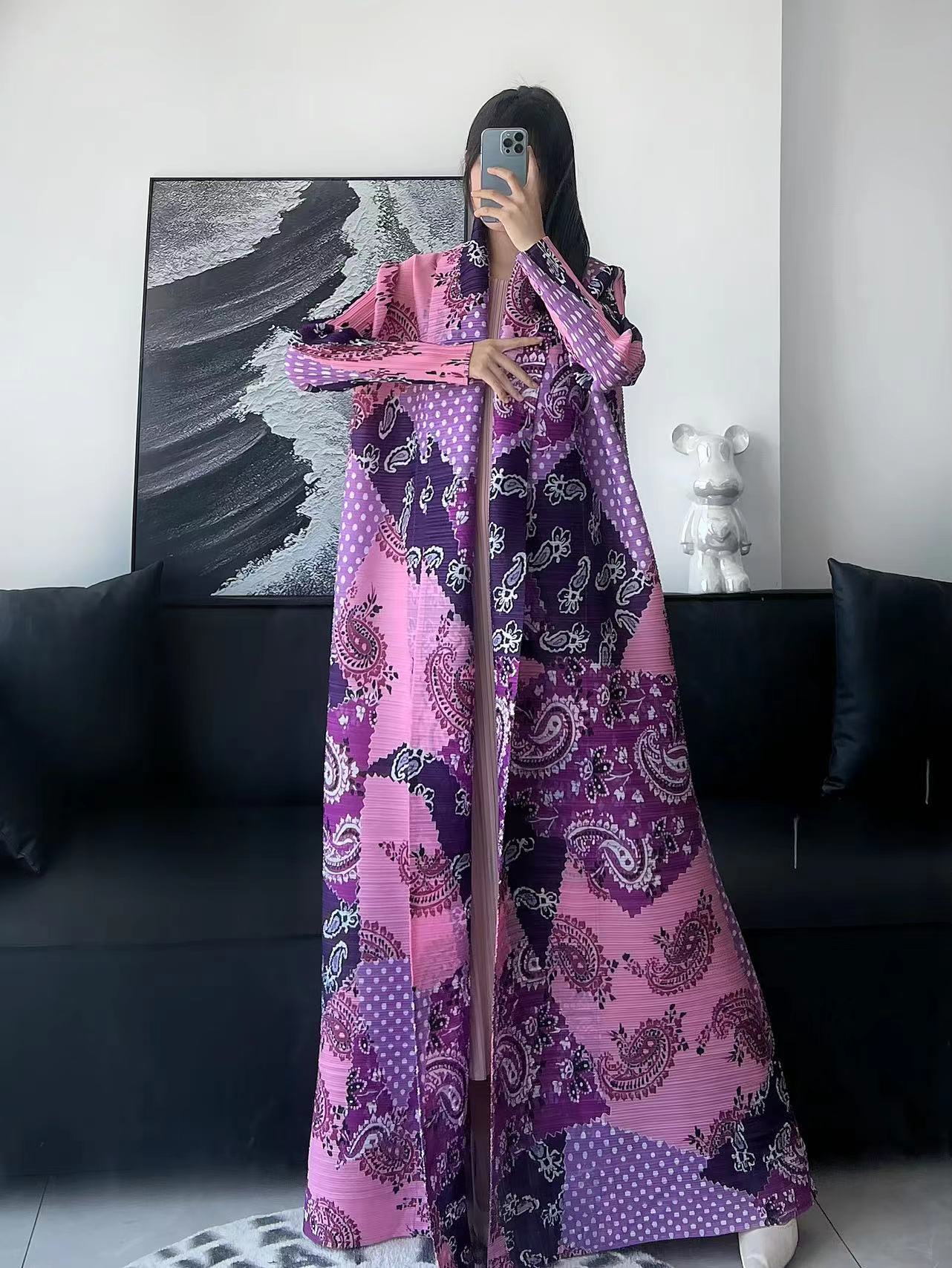 Pleated Print Fashionable All-match Lace-up Loose Arabian Abaya Robe