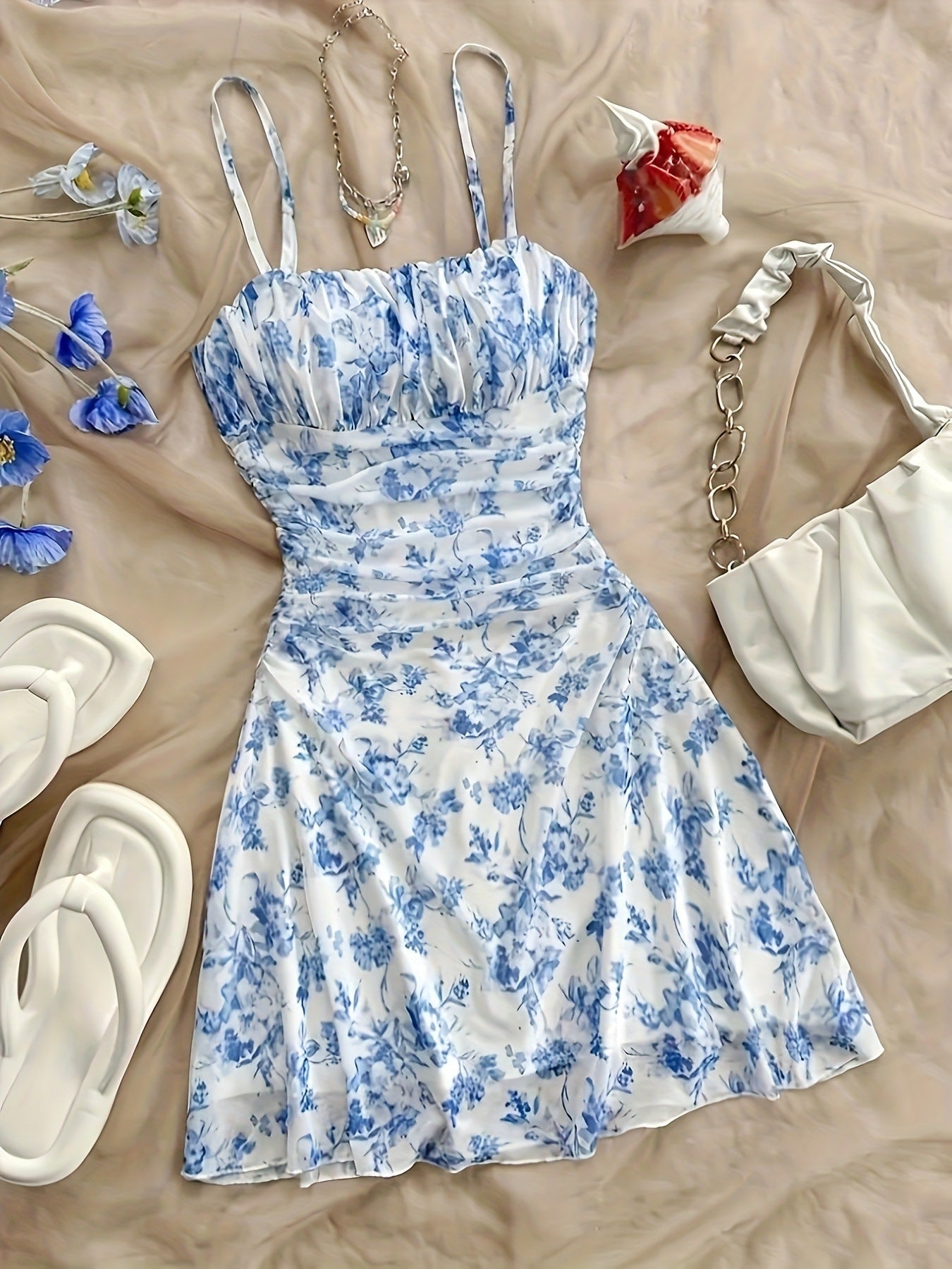 Women's Blue Floral Mid Waist French Strap Dress