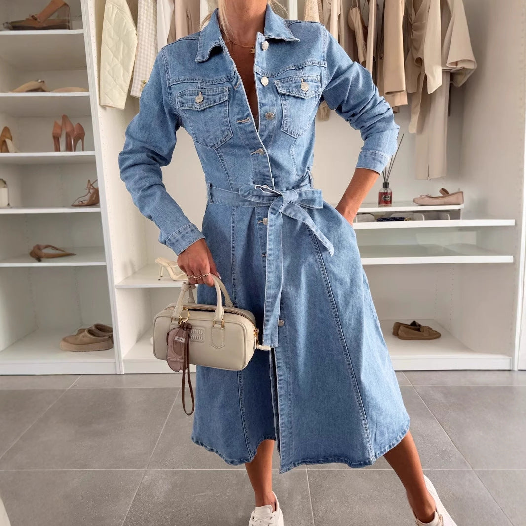 Womens Long-Sleeve Blue Washed Denim Shirt Jacket Dress