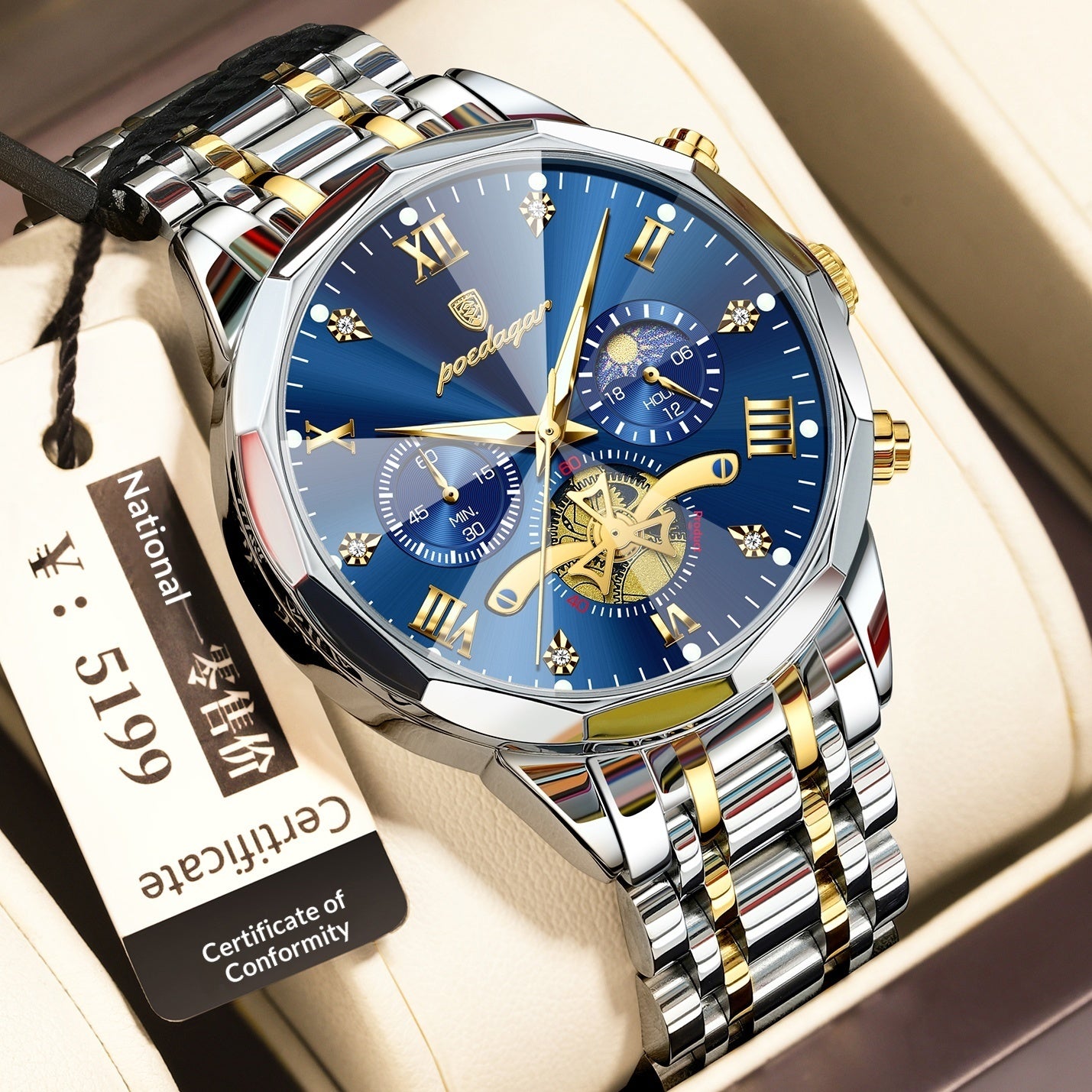 Waterproof Multifunctional Quartz Watch for Men with Stainless Steel Strap