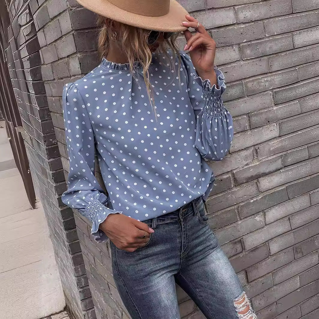 Polka Dot Puff Sleeve Elegant Women's Shirt