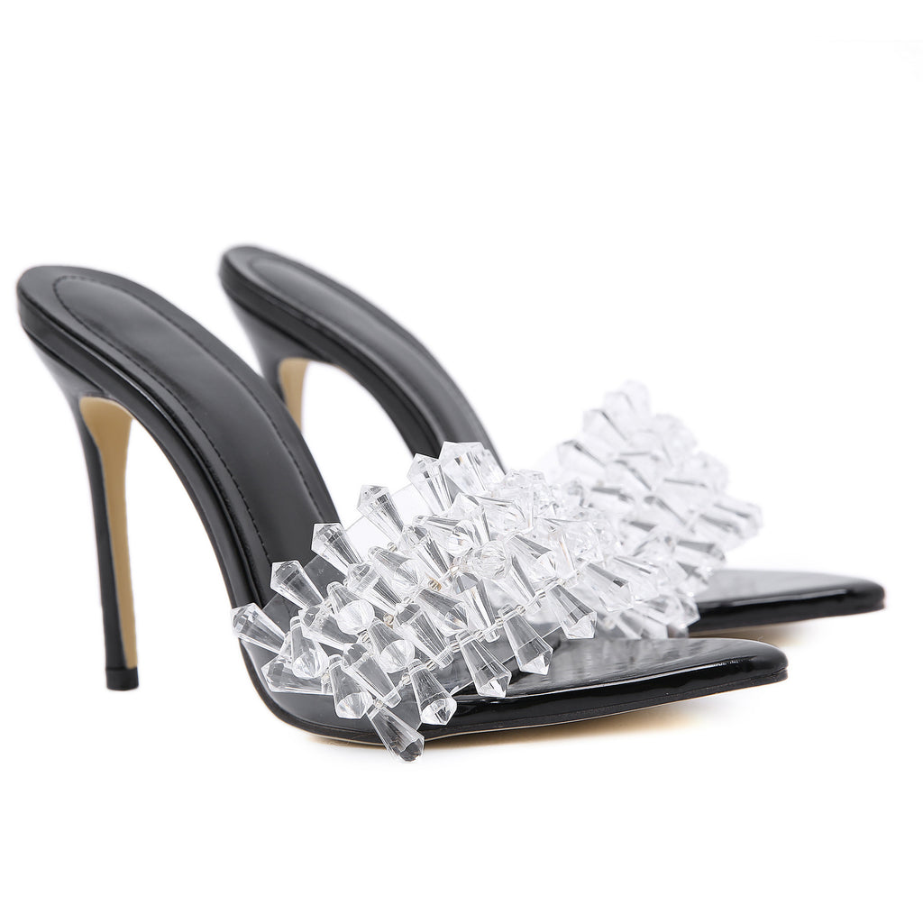 Escarpins à talons aiguilles, semelle en caoutchouc, avec fleur en cristal brillant, talon super haut