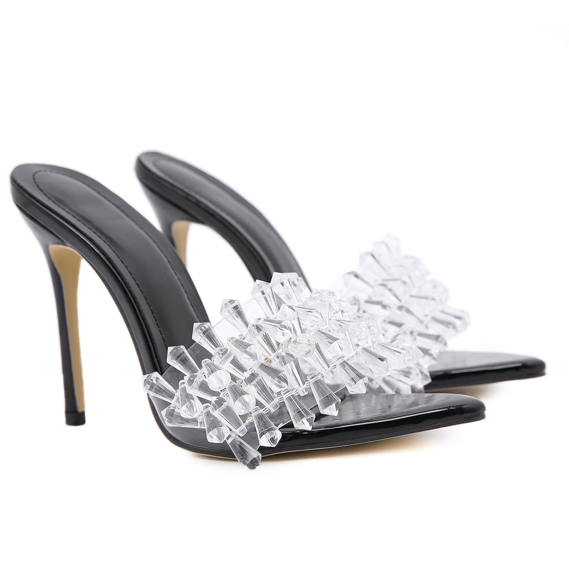 Escarpins à talons aiguilles, semelle en caoutchouc, avec fleur en cristal brillant, talon super haut
