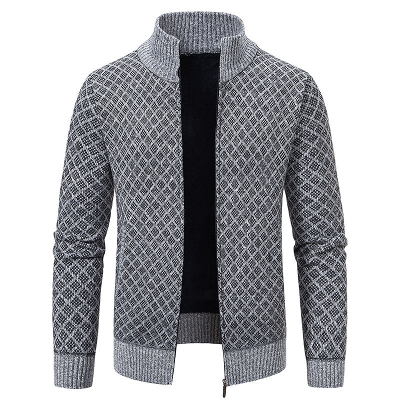 Men's Slim Fit Thickened Plaid Zipper Cardigan Sweater Stand Collar Long Sleeve Winter Knit