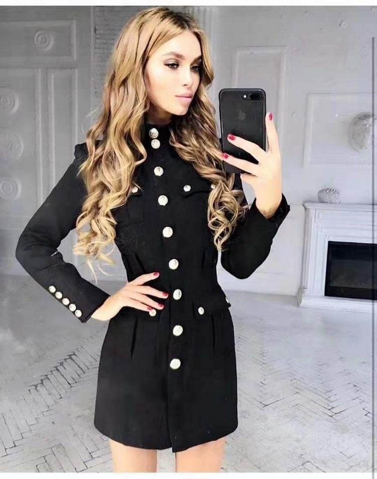 Long Sleeve Black Button Dress with Bow Tie and Stand Collar