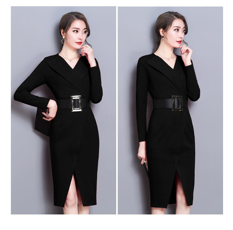Mid-Length Long-Sleeve V-Neck Dress with Temperament
