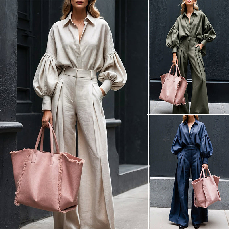 Cotton Linen Two-Piece Suit Long-Sleeve Shirt & Wide-Leg Pants