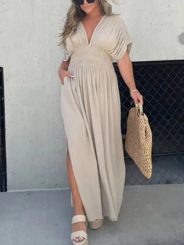 Fashion Bat-Sleeve V-Neck Slit Dress Summer Short Sleeve Elastic Waist Women’s Long Dress