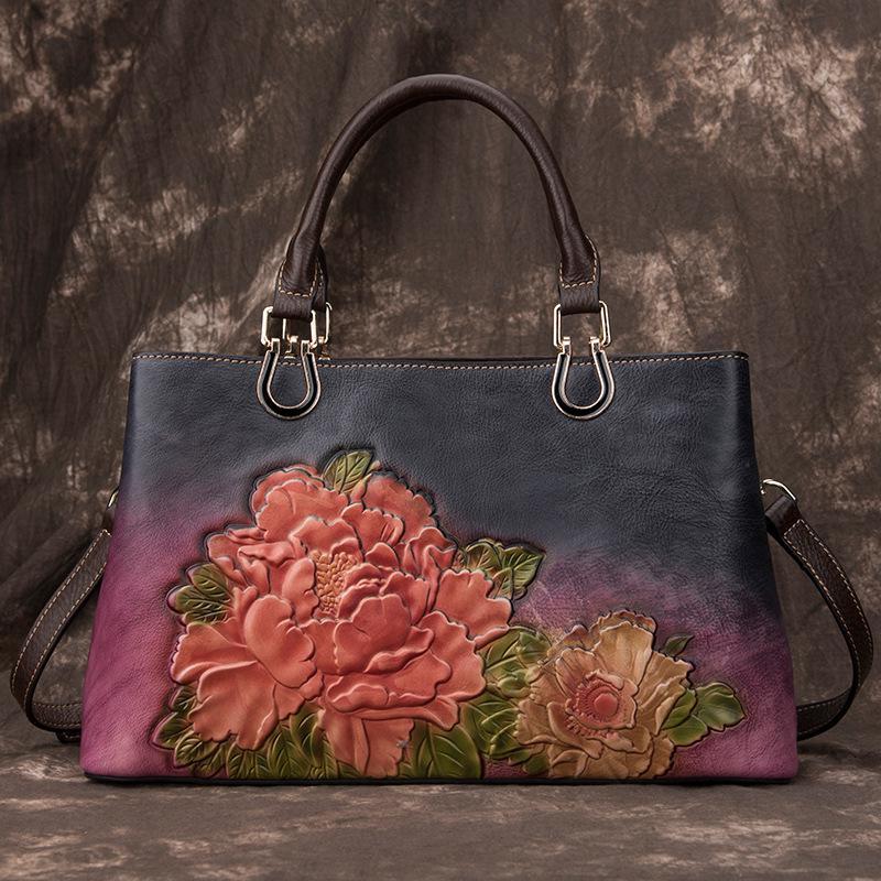 Peony Embossed Cowhide Leather Bag for Ladies Large Capacity