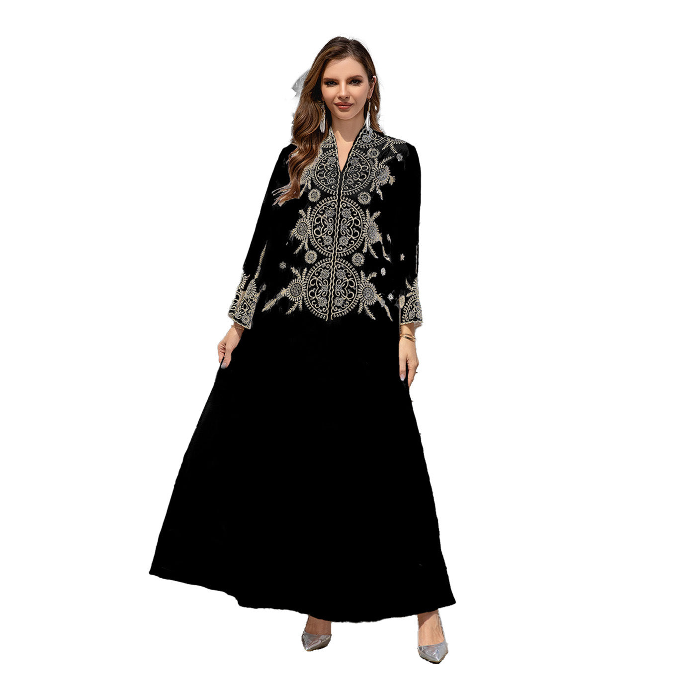 Muslim Women's Embroidered Robe Dress Long Sleeve Polyester