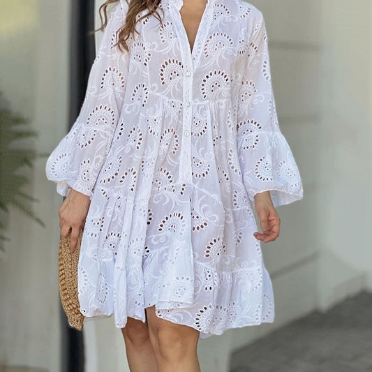 Summer Flower Hollow-out Embroidered V-neck Large Swing Dress