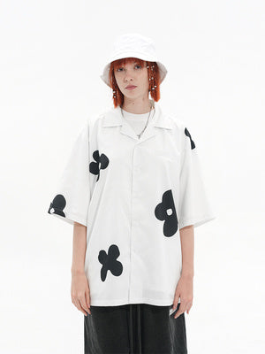 Hand-Painted Silhouette Floret Cuban Collar Short Sleeve Shirt