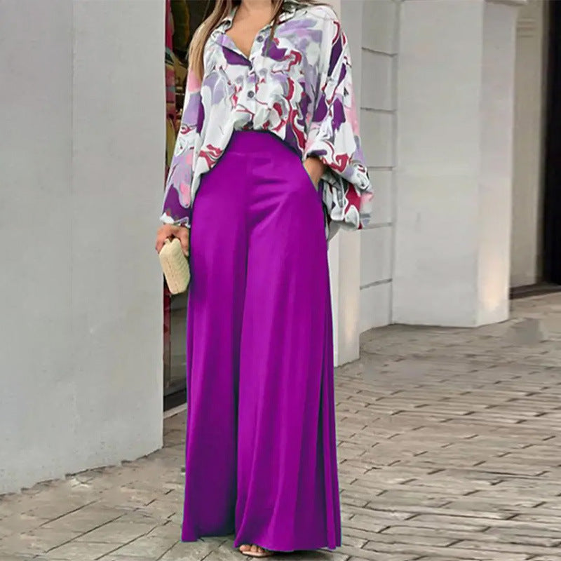 Ensemble élégant chemise imprimée et pantalon large