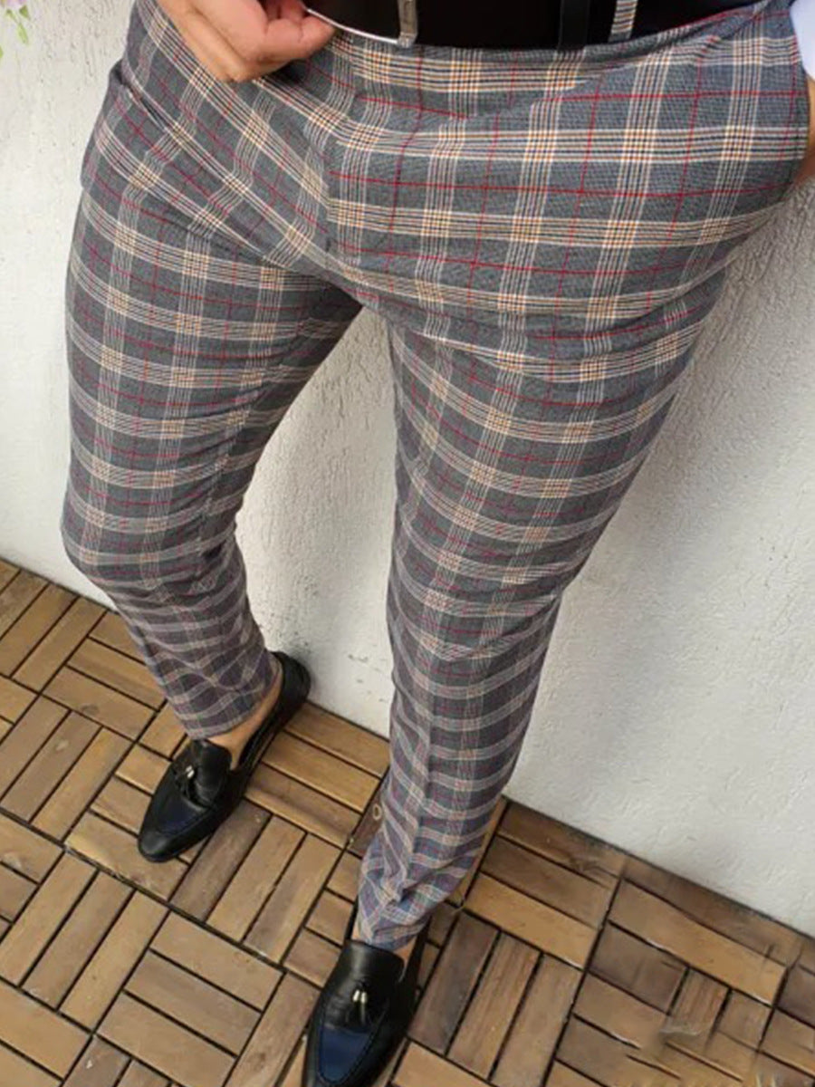 Autumn Men's Plaid Casual Suit Pants Straight Fit