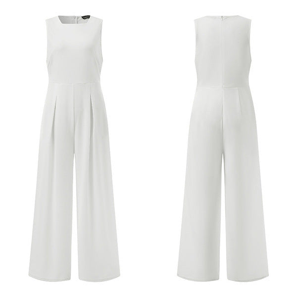 Women's Polyester Sleeveless Wide-Leg Jumpsuit in White, Black & Blue